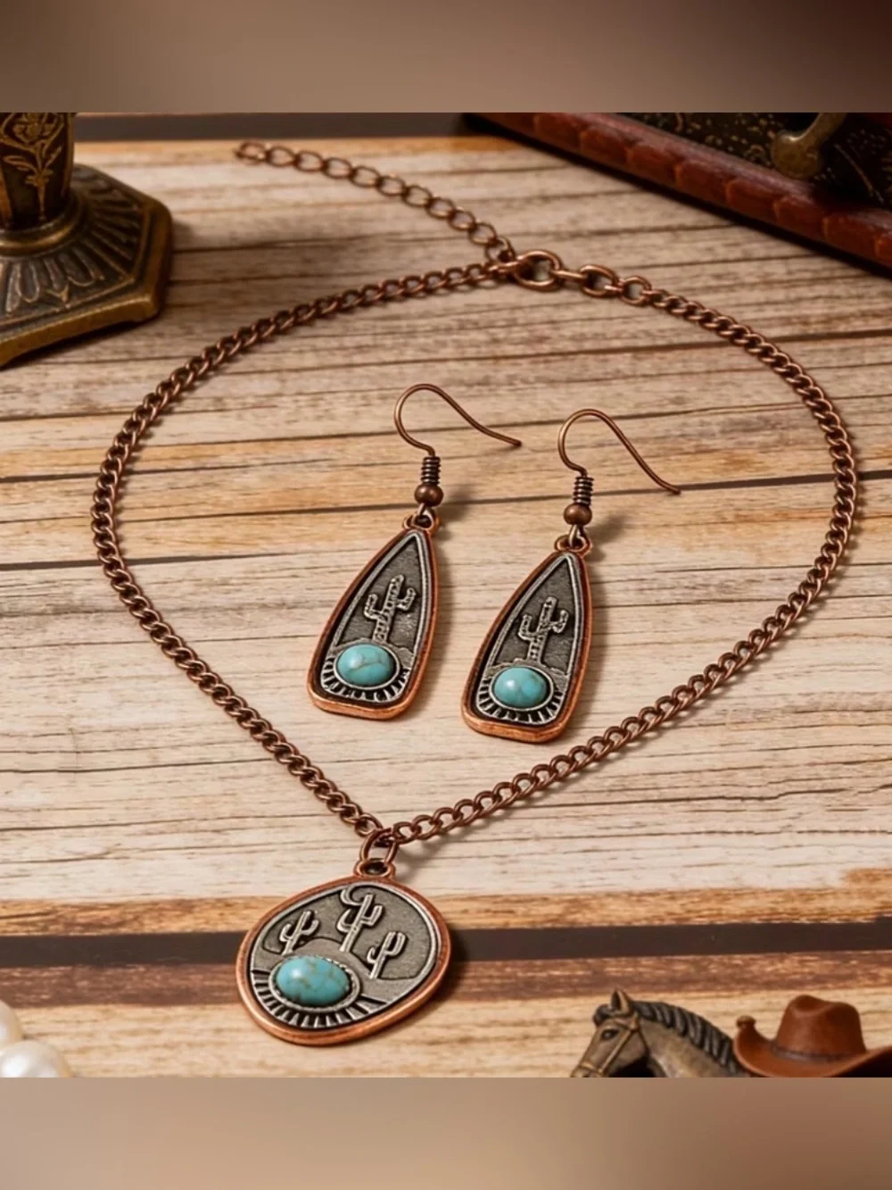 Western Turquoise Stone Cactus Pendant Necklace & Earring Set - Copper Tone